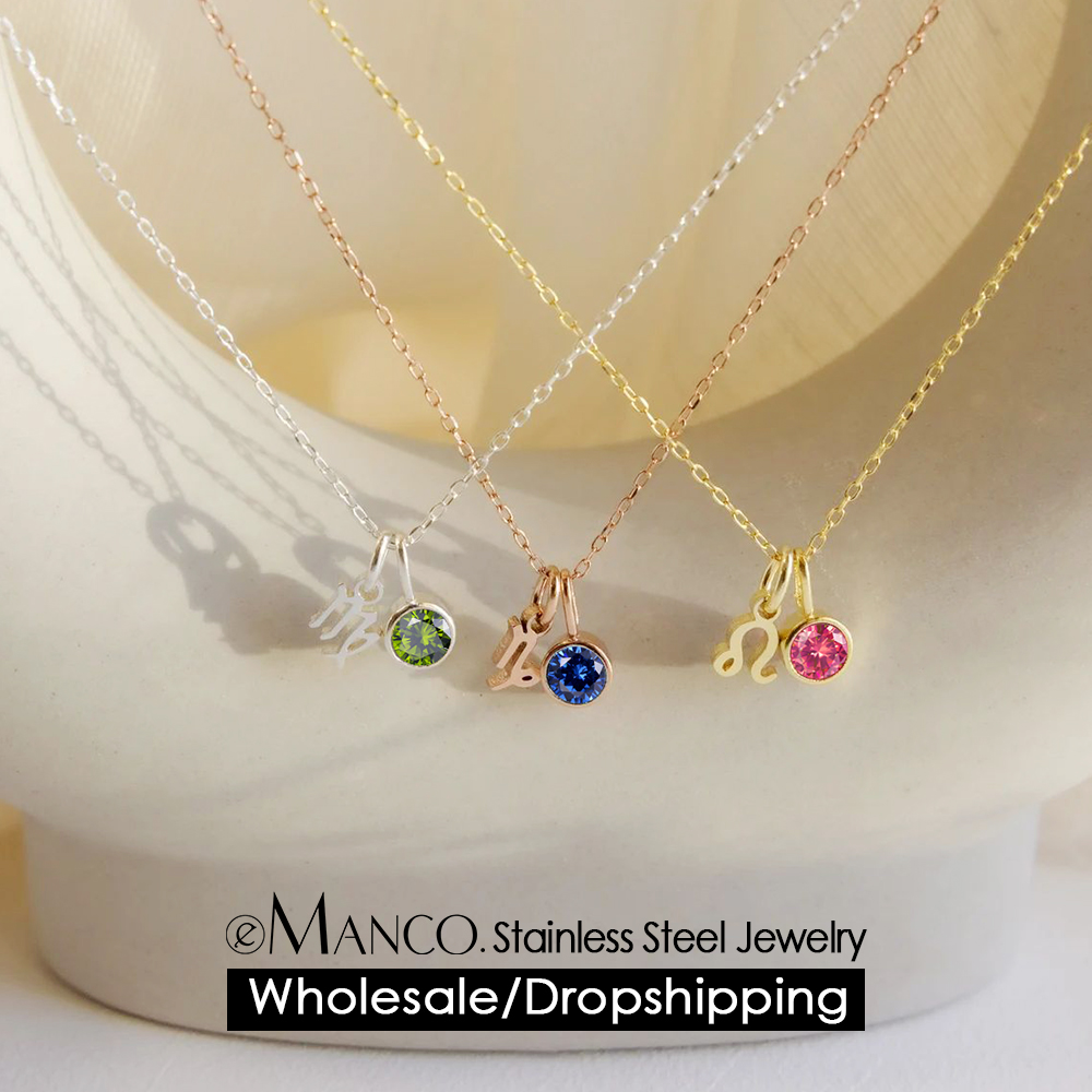 Birth Flower Necklace - EMANCO Sternzeichen-Doppelanhänger-Halskette mit 12 Zirkonia-Steinen, Edelstahlschmuck,