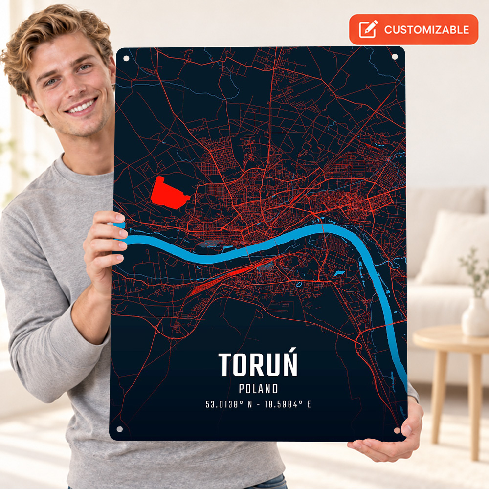 Custom Map Poster - Torun Stadtkarte, strukturiertes Metallposter, Retro, kühne,